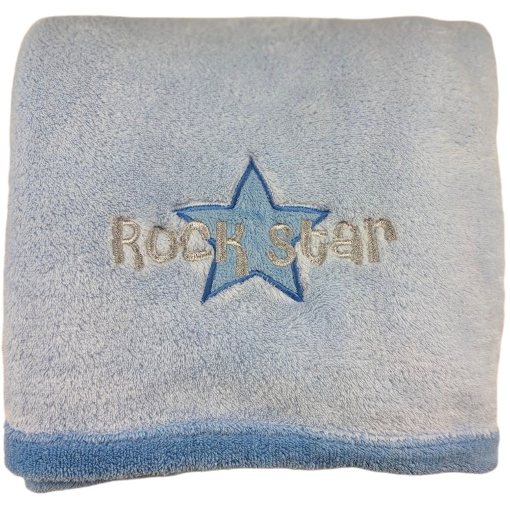 Baby Blanket Blue Plush Rockstar Star Embroidered Soft Cozy Lovey Boy Fleece